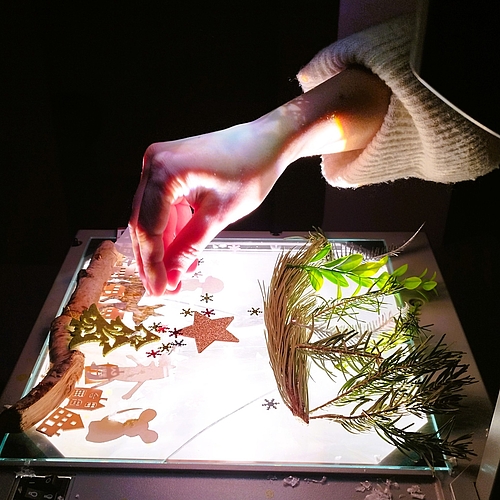 Eine Kinderhand arrangiert Figuren und Pflanzenmaterial auf einem Overhead-Projektor, um eine Schattengeschichte zu erzählen.